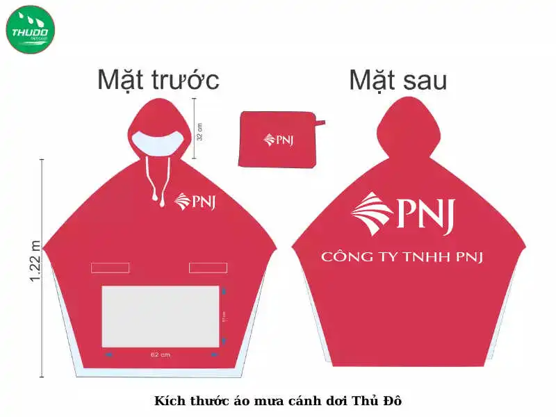 Kích thước áo mưa cánh dơi in logo công ty PNJ